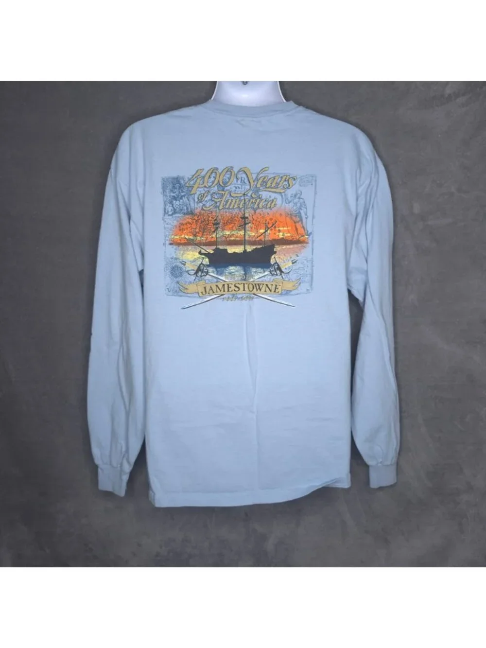 Jamestowne Long Sleeve T-shirt  XL Light Blue Crew Neck 400 Years Of America